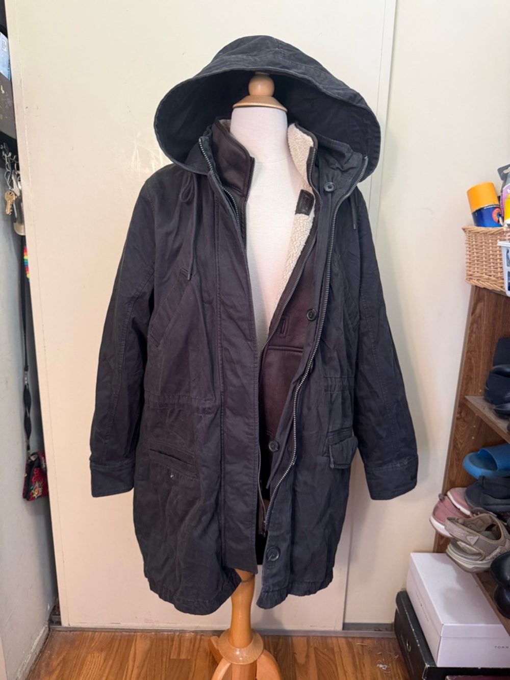 Abercrombie & fitch Black Hooded Parka Jacket w removable faux Sherpa Lining L